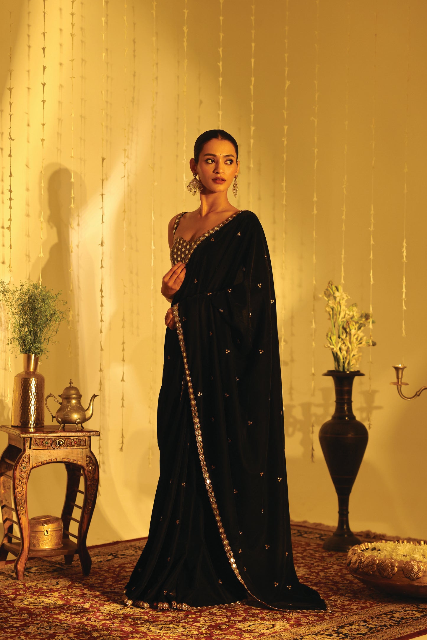 Black Velvet Mirror Work Embroidered Sari Set