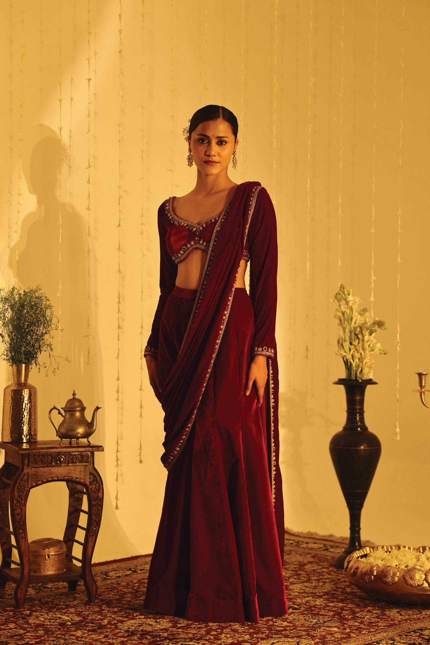 Maroon Velvet Embroidered Drape Sari