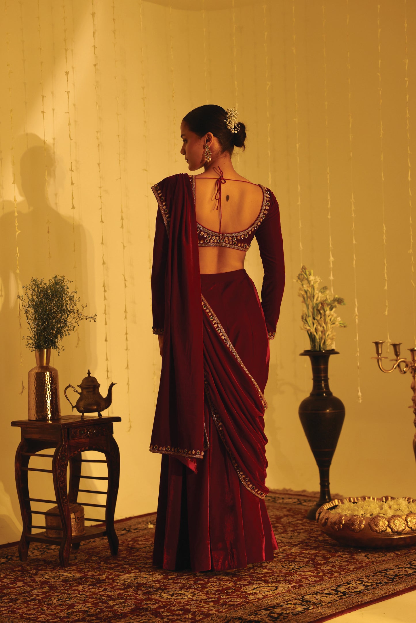 Maroon Velvet Embroidered Drape Sari