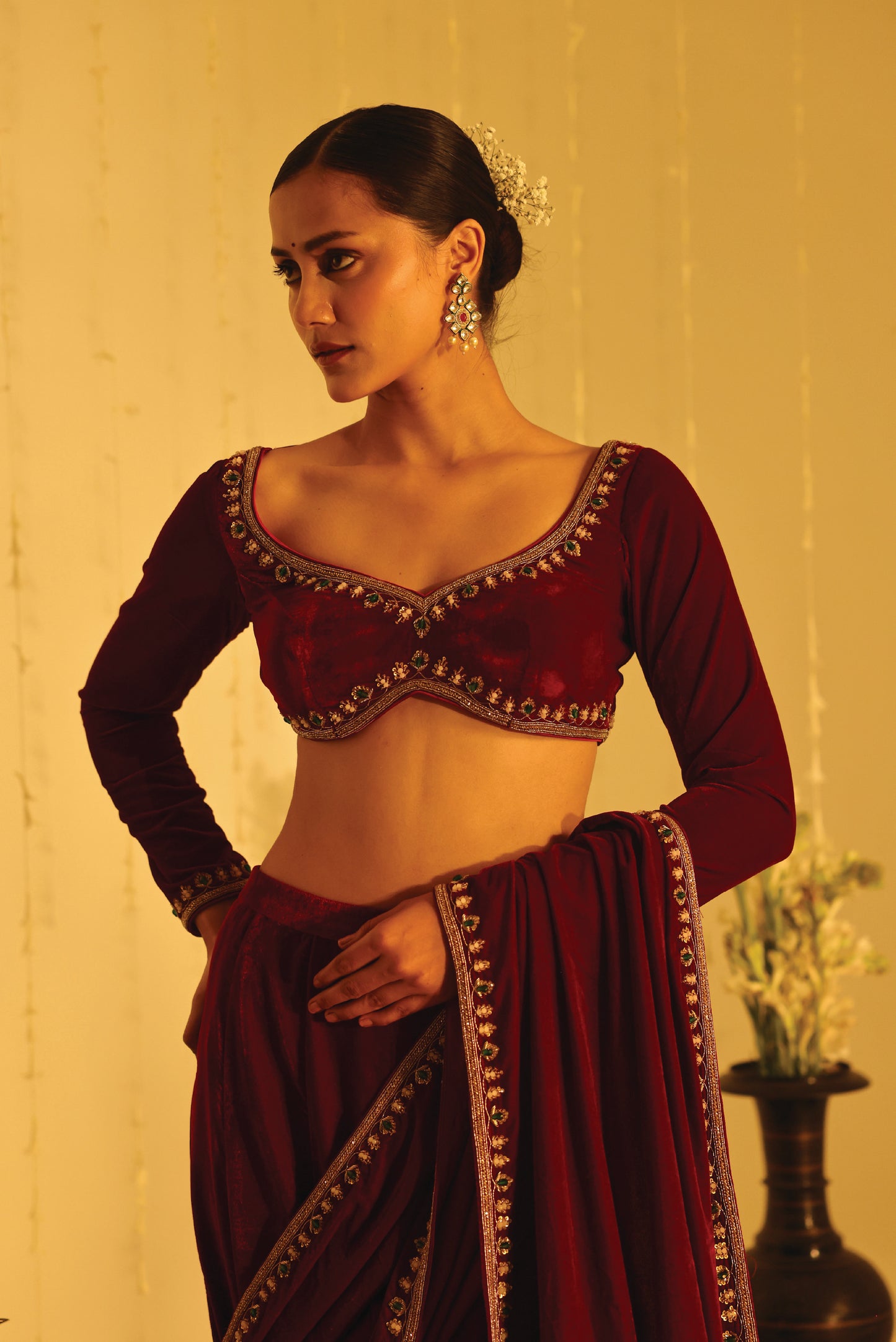 Maroon Velvet Embroidered Drape Sari