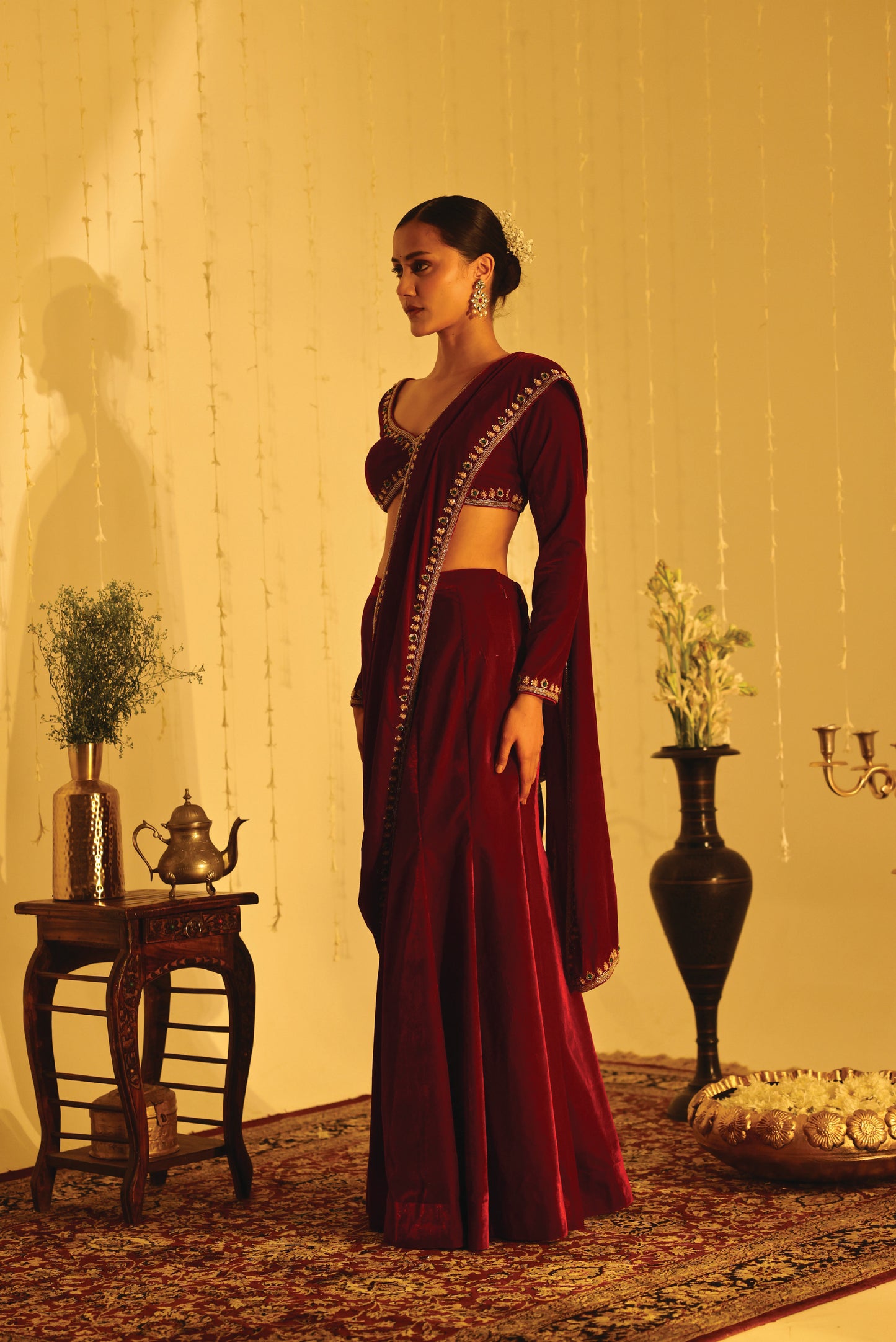 Maroon Velvet Embroidered Drape Sari