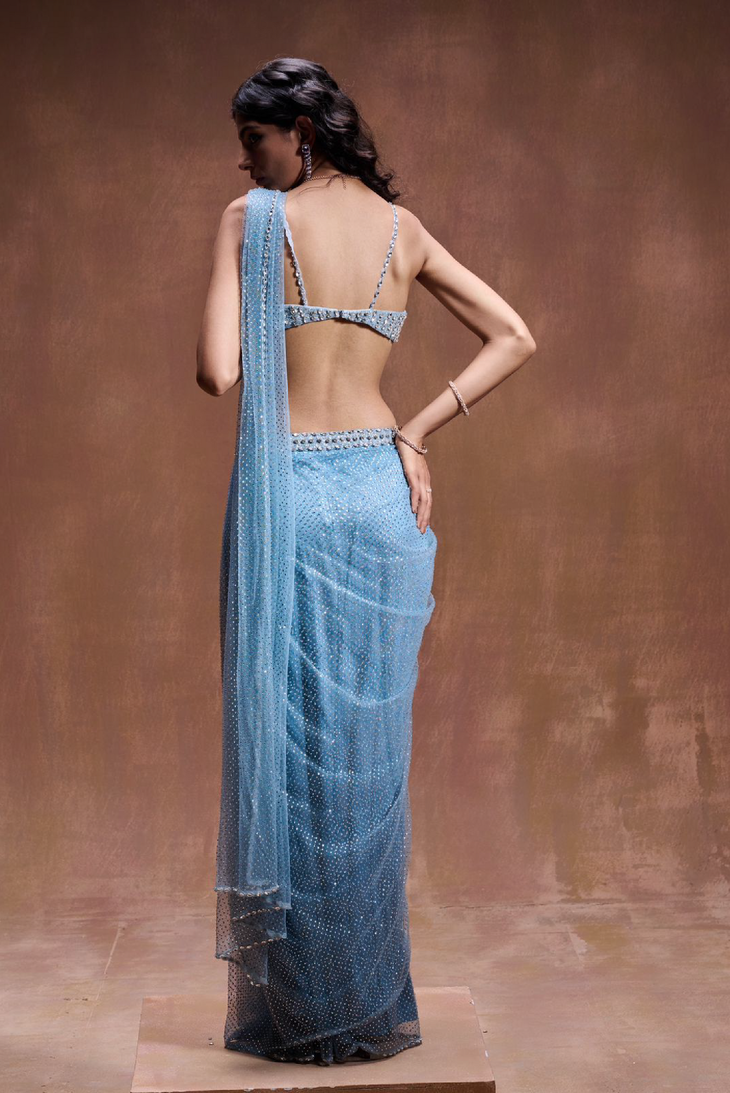 Light Blue Crystal Drape Sari Set