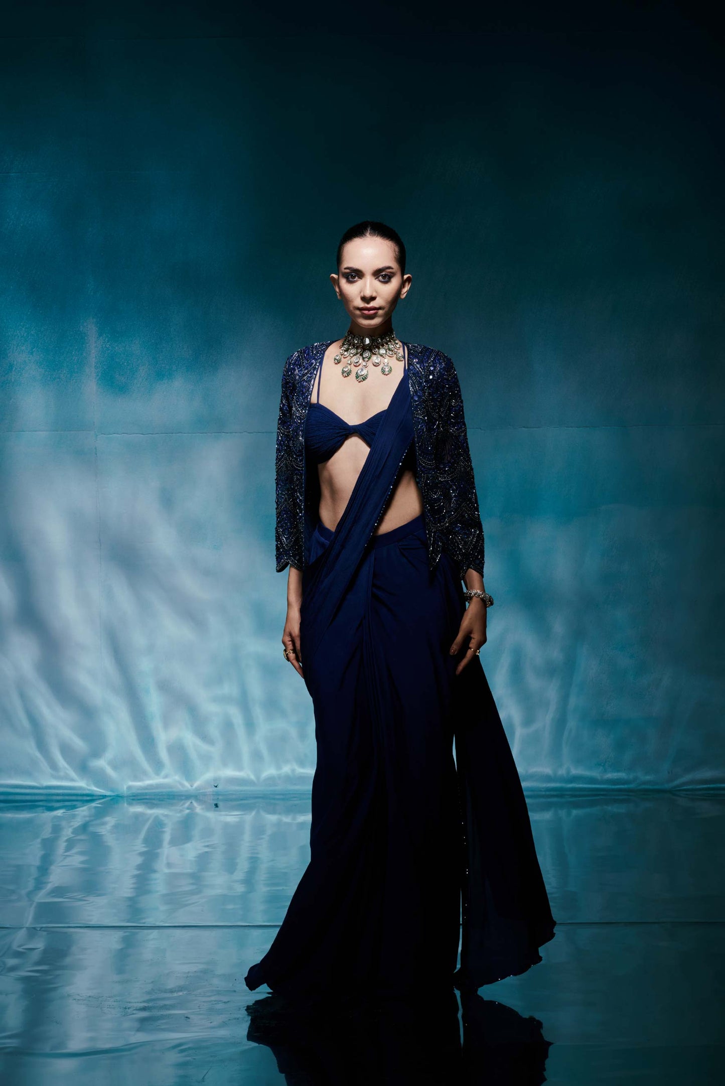 Royal Blue Jacket Drape Sari Set