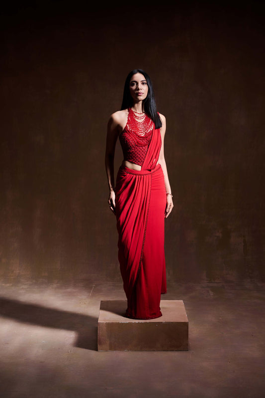 Red Beaded Corset Saree Set