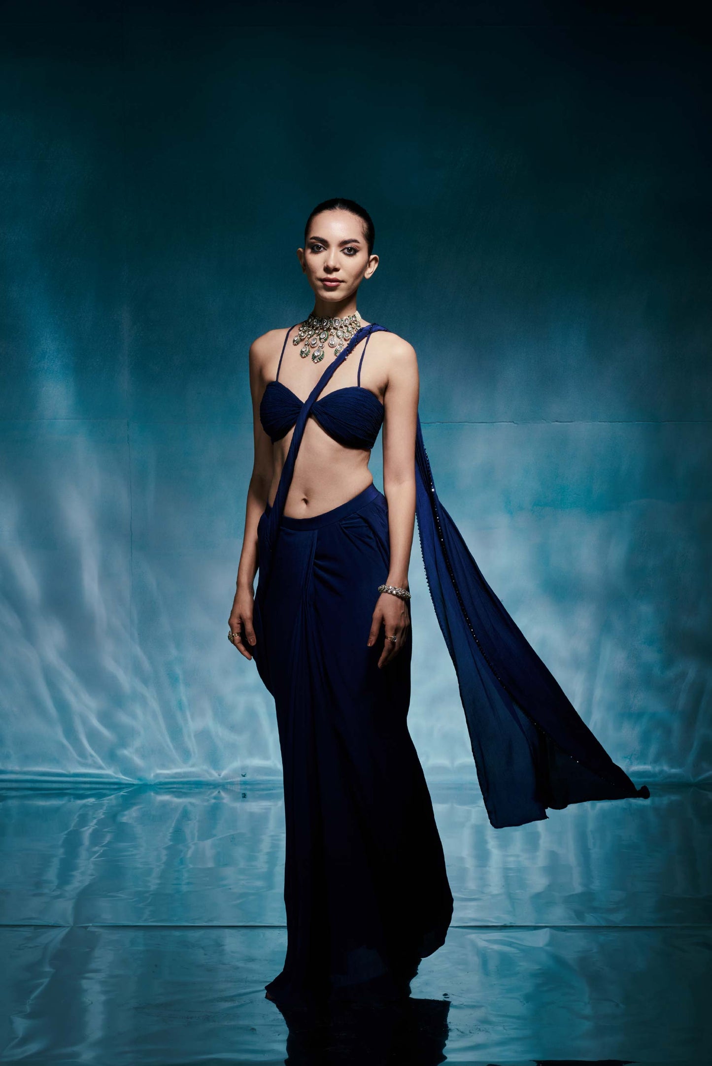 Royal Blue Pleated Chiffon Sari Set