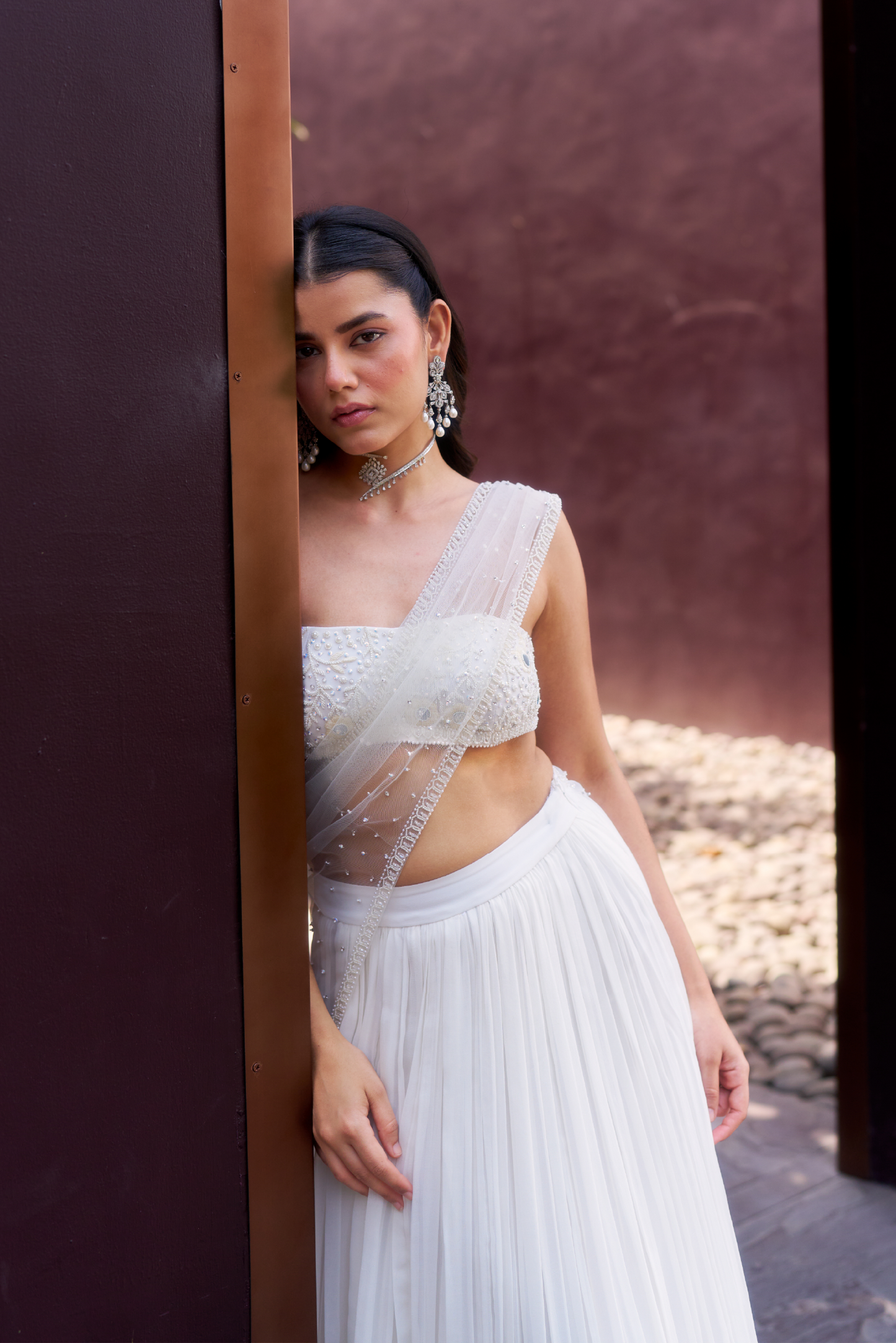 White Floral Mirror Work Georgette Drape Skirt Set