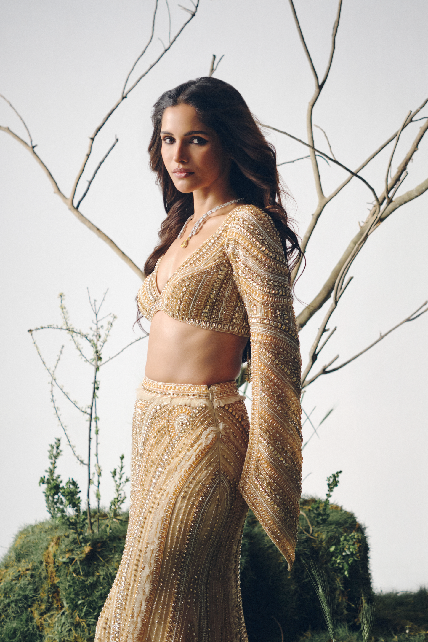 Champagne Stone Embellished Lehenga Set