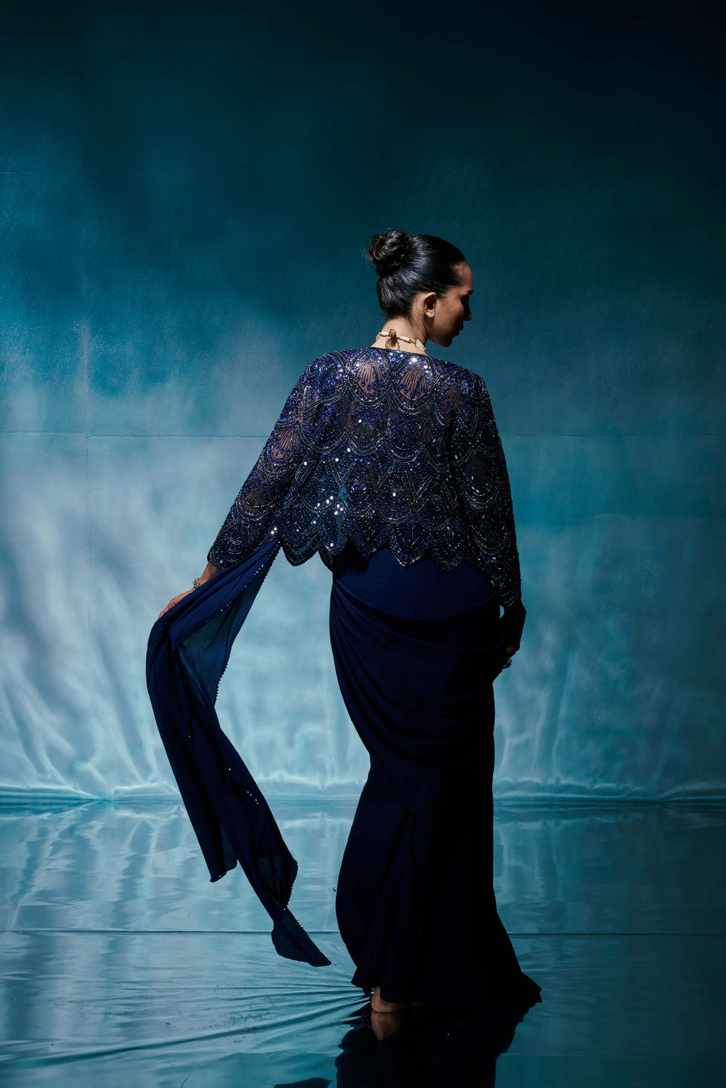 Royal Blue Jacket Drape Sari Set
