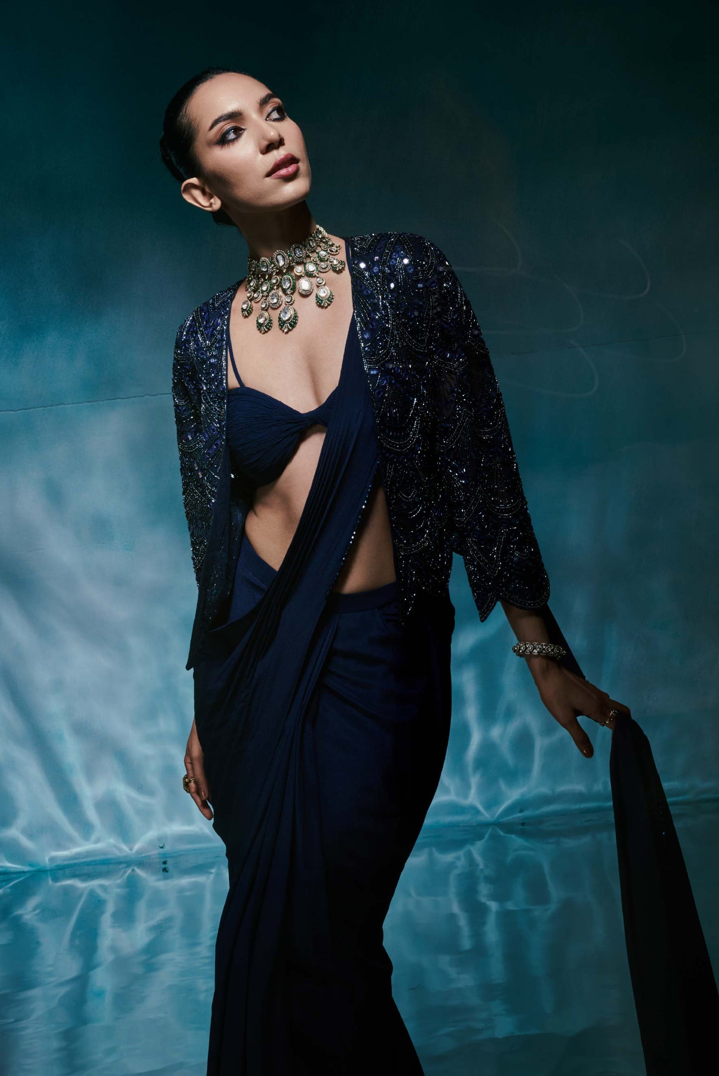 Royal Blue Jacket Drape Sari Set