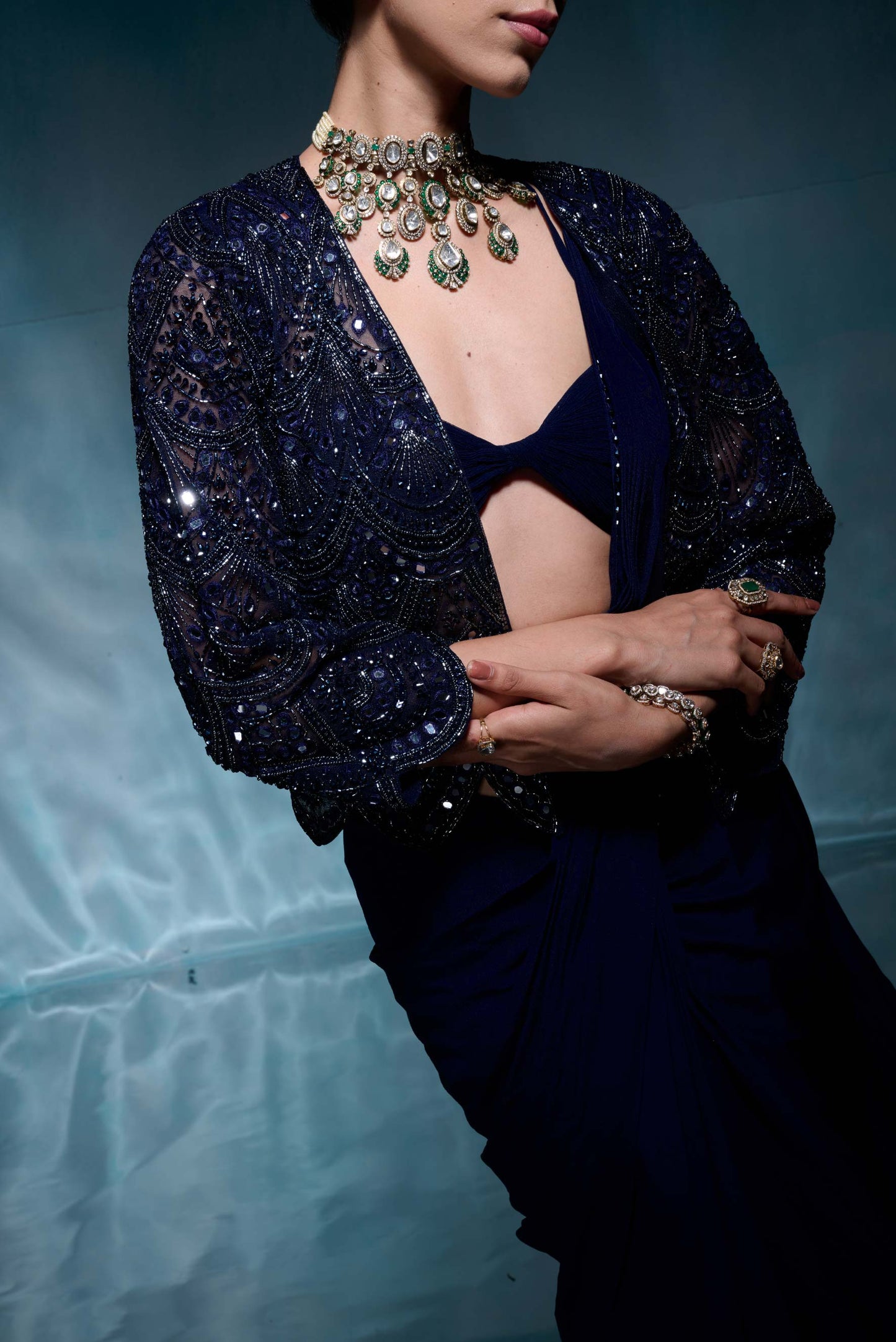 Royal Blue Jacket Drape Sari Set