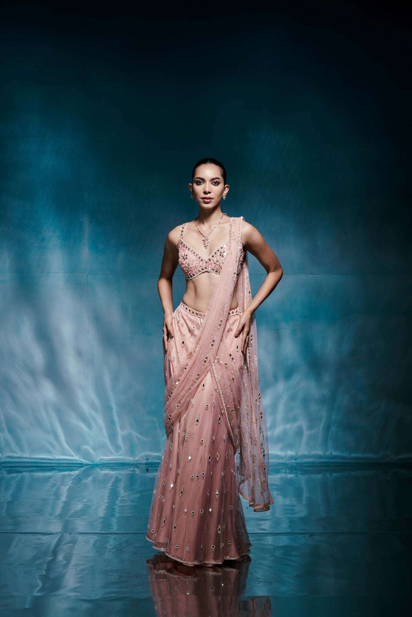 Peach Tulle Embellished Sari Set