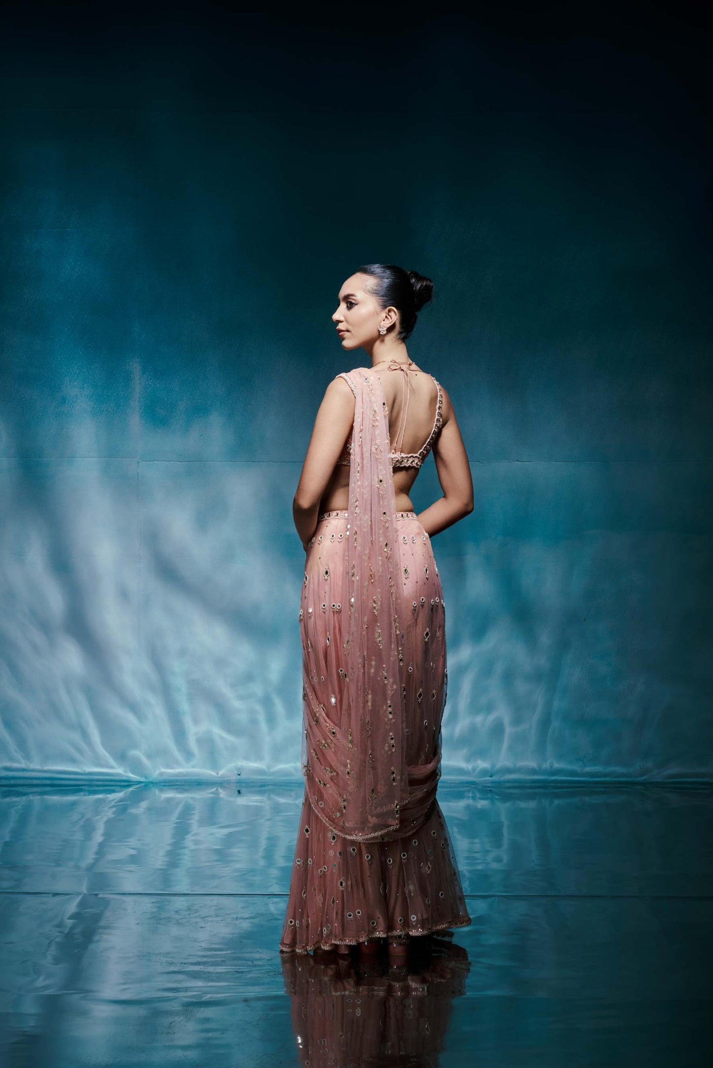 Peach Tulle Embellished Sari Set