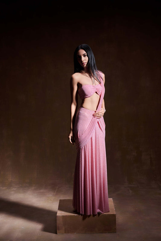 Light Pink Crystal Drape Saree Set
