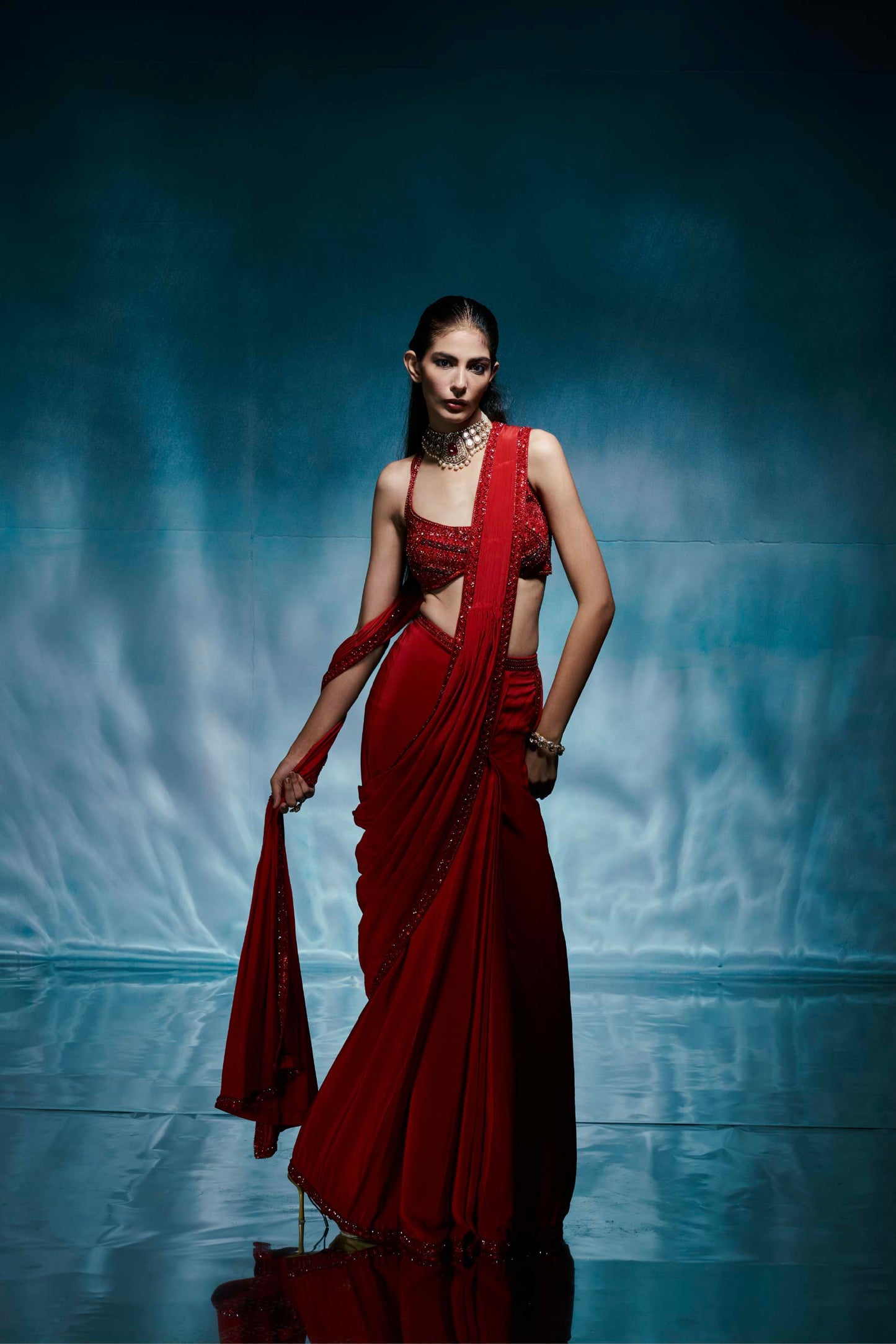 Red Pre-Draped Crepe Sari Set