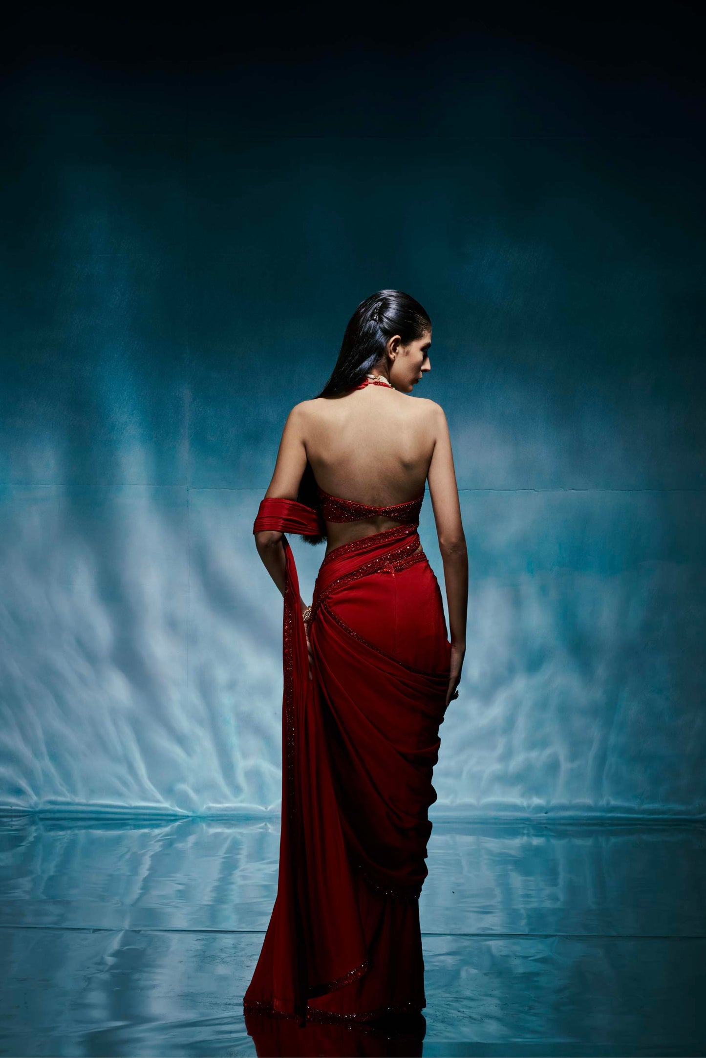 Red Pre-Draped Crepe Sari Set