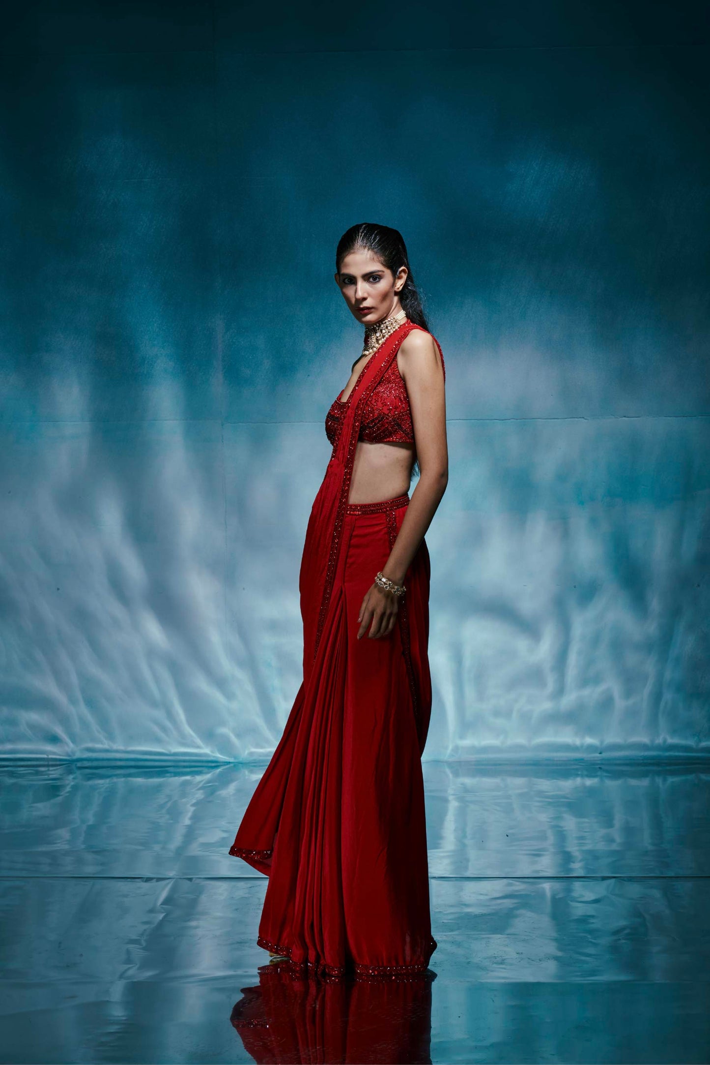 Red Pre-Draped Crepe Sari Set