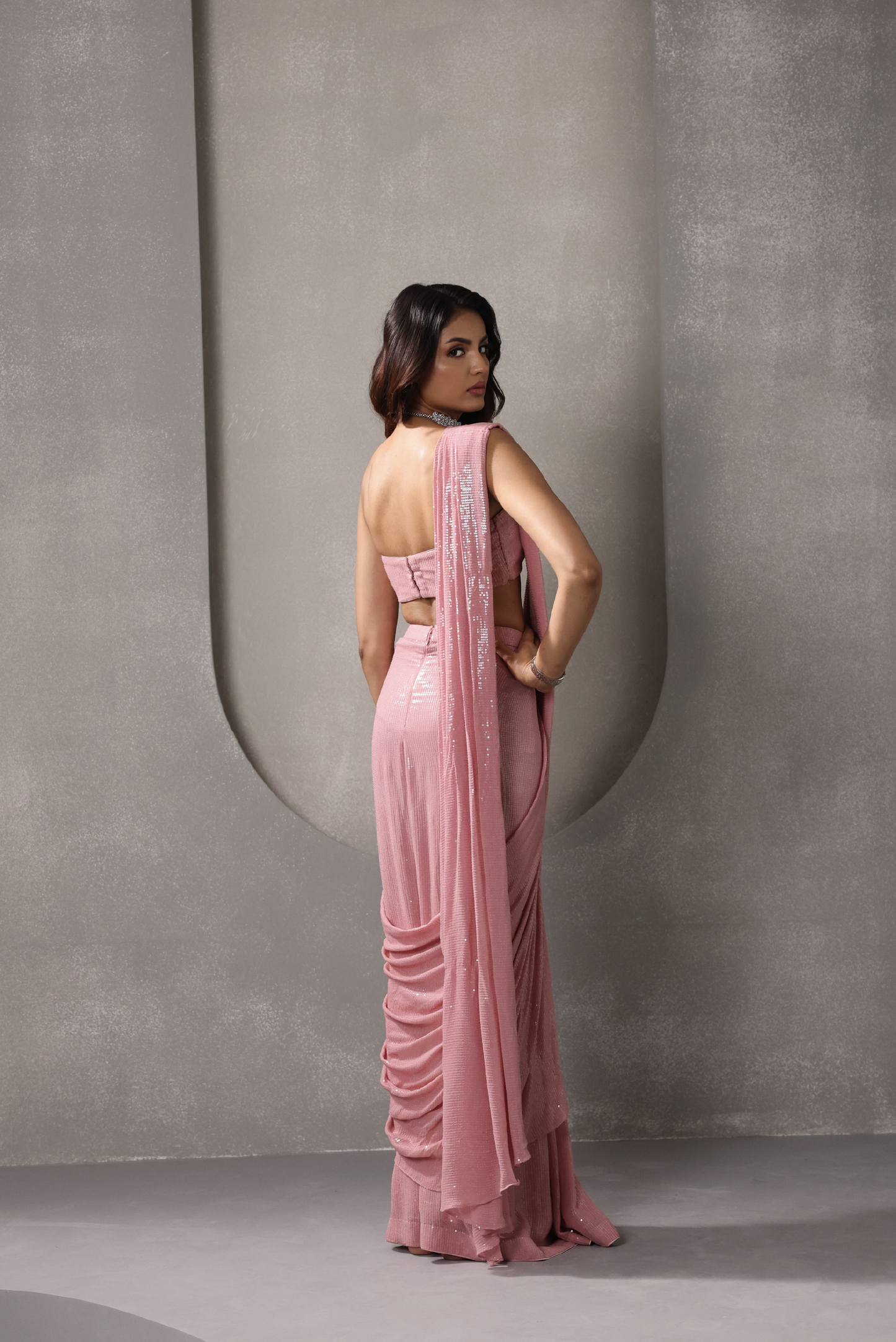 Light Pink Pre-Draped Sequin Sari Set