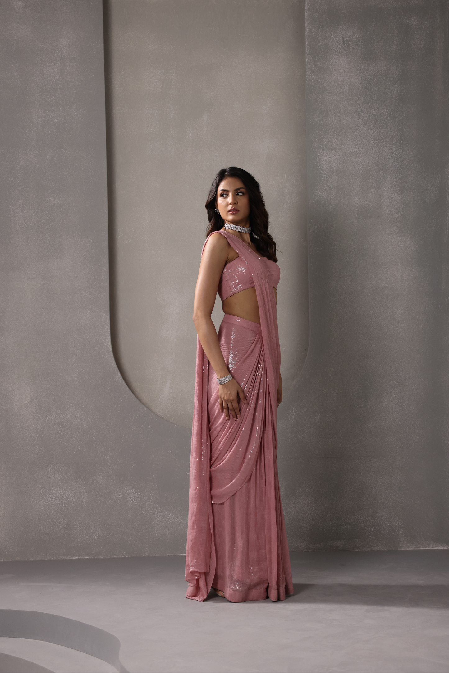 Light Pink Pre-Draped Sequin Sari Set