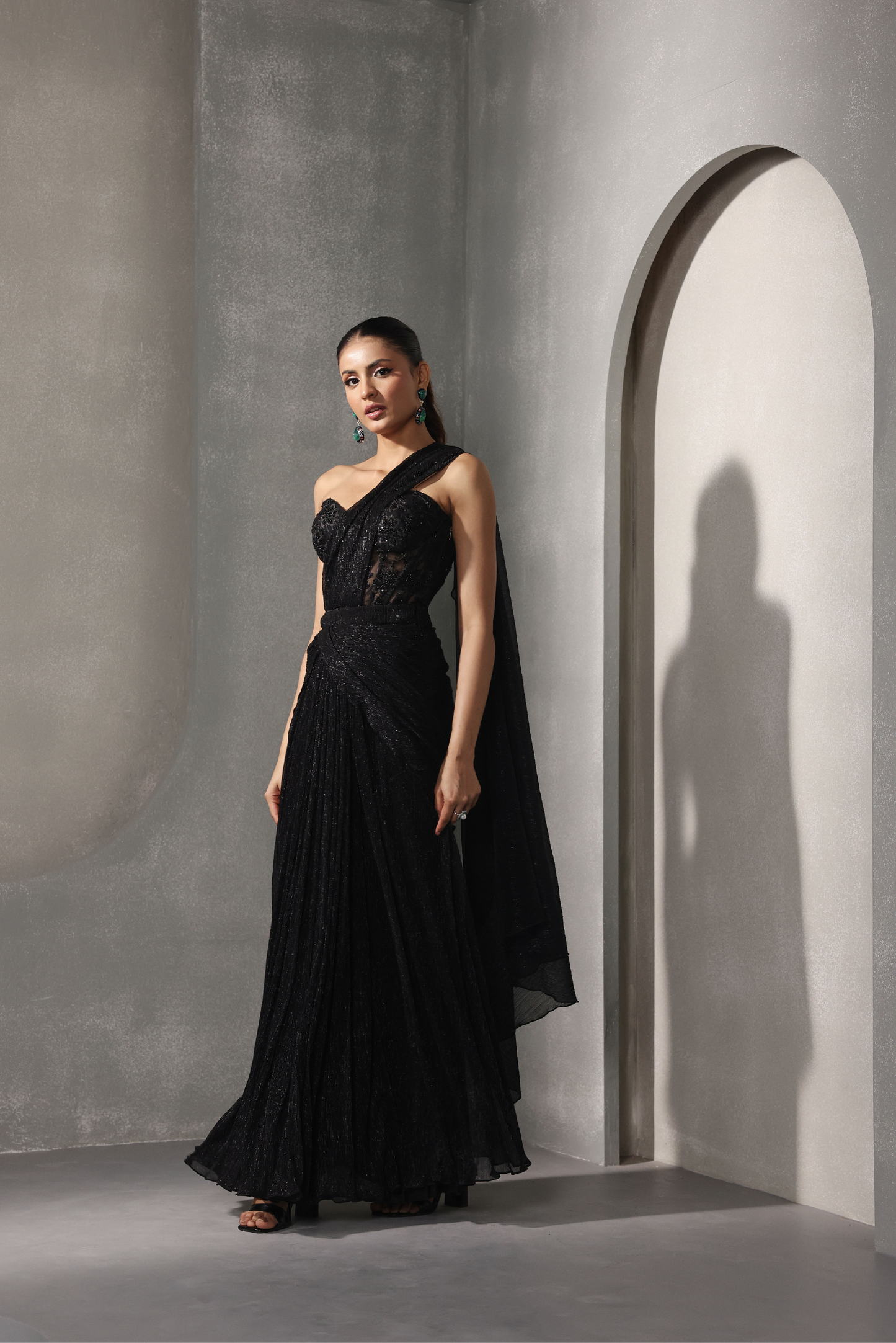 Black Structured Corset Sari Set