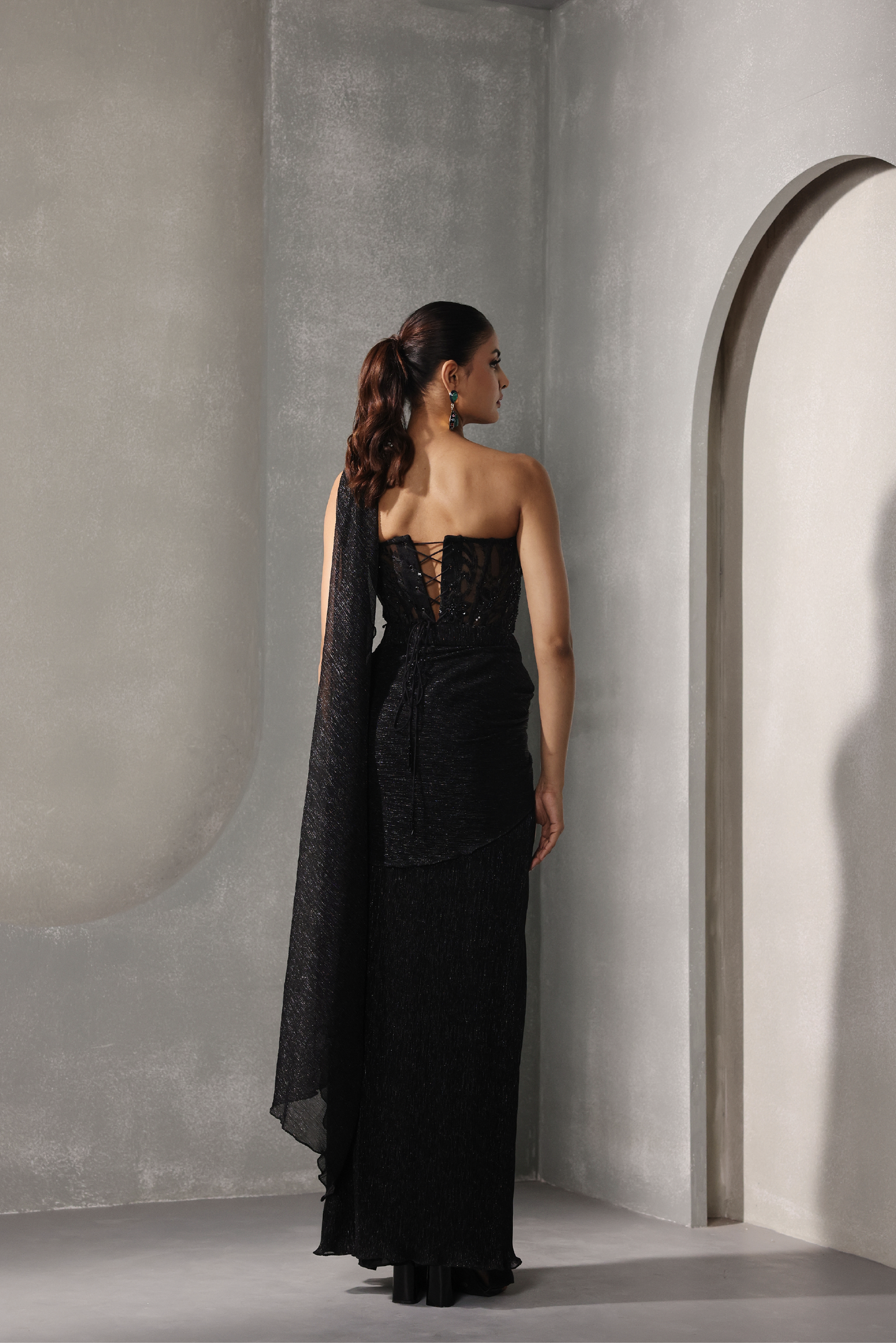 Black Structured Corset Sari Set