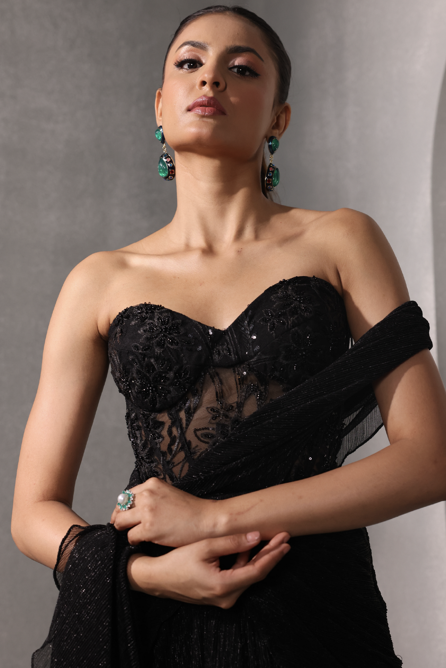 Black Structured Corset Sari Set