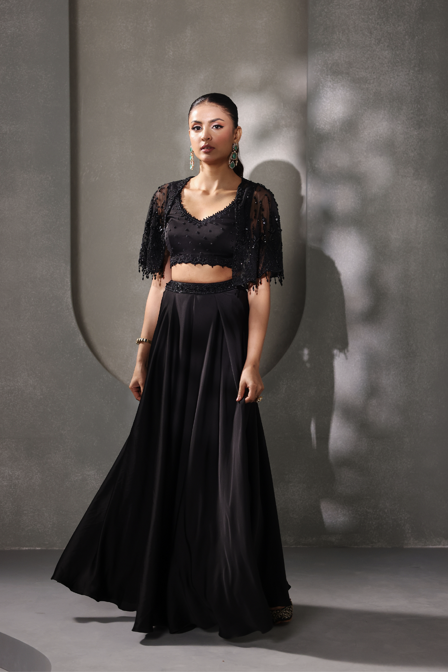 Black Embroidered Cape Sharara Set