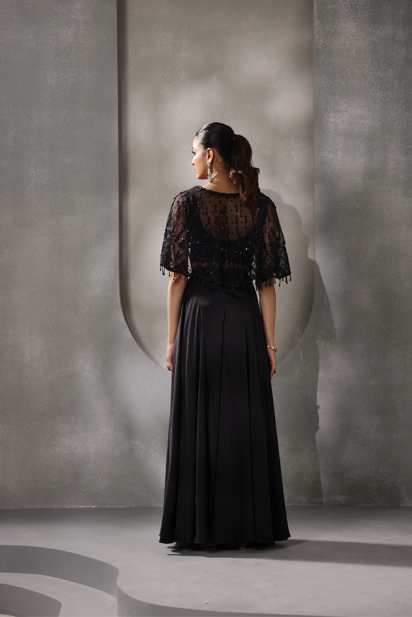 Black Embroidered Cape Sharara Set