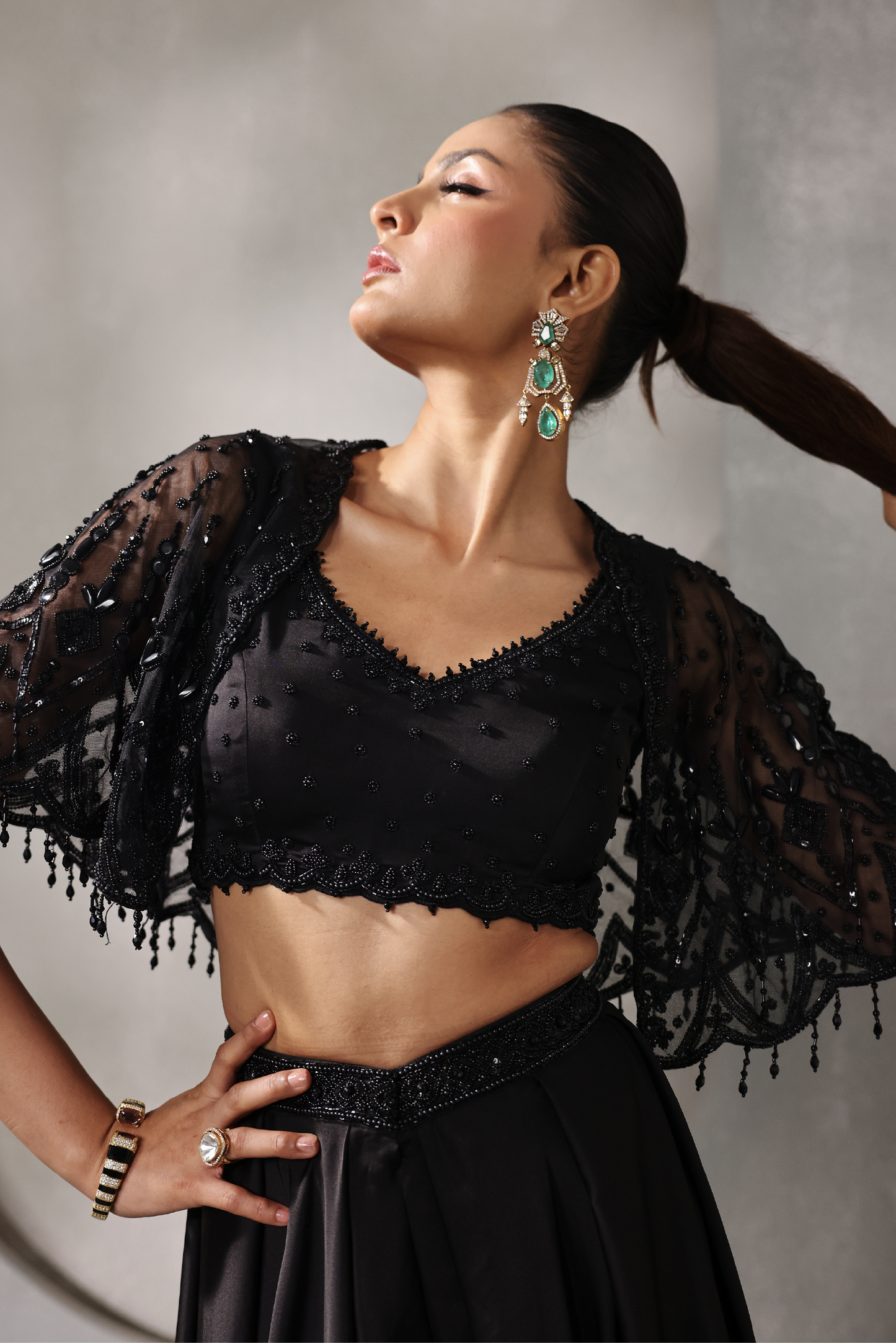 Black Embroidered Cape Sharara Set