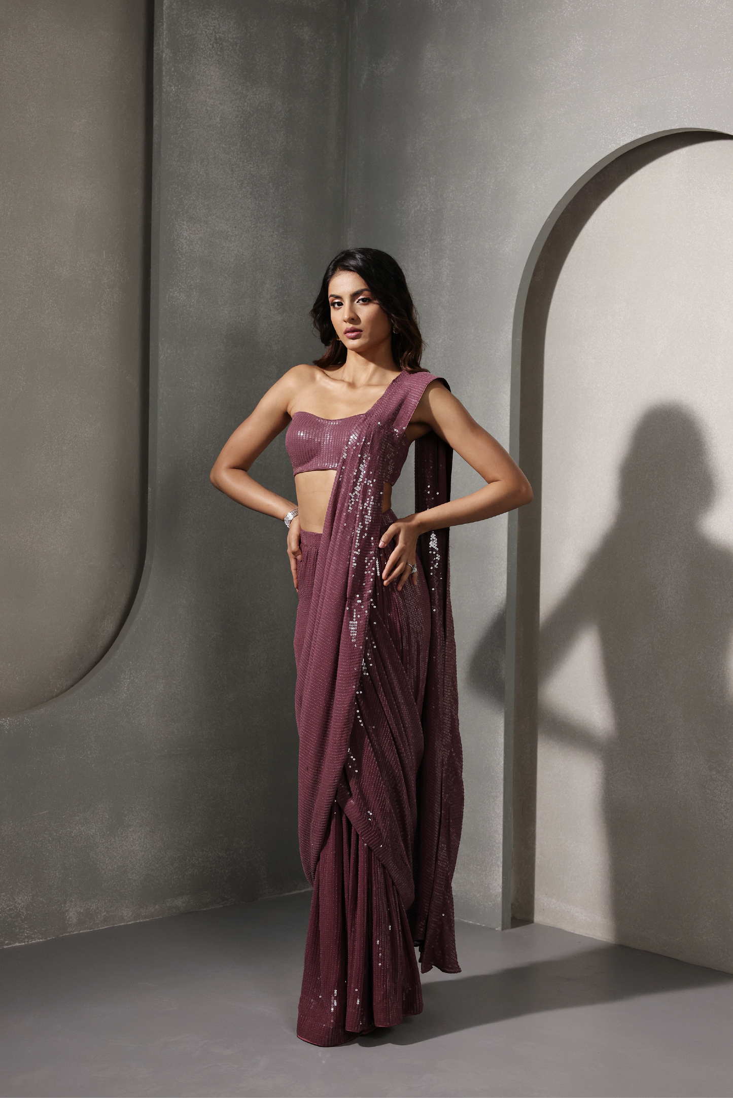Wine Pre-Draped Sequin Sari Set