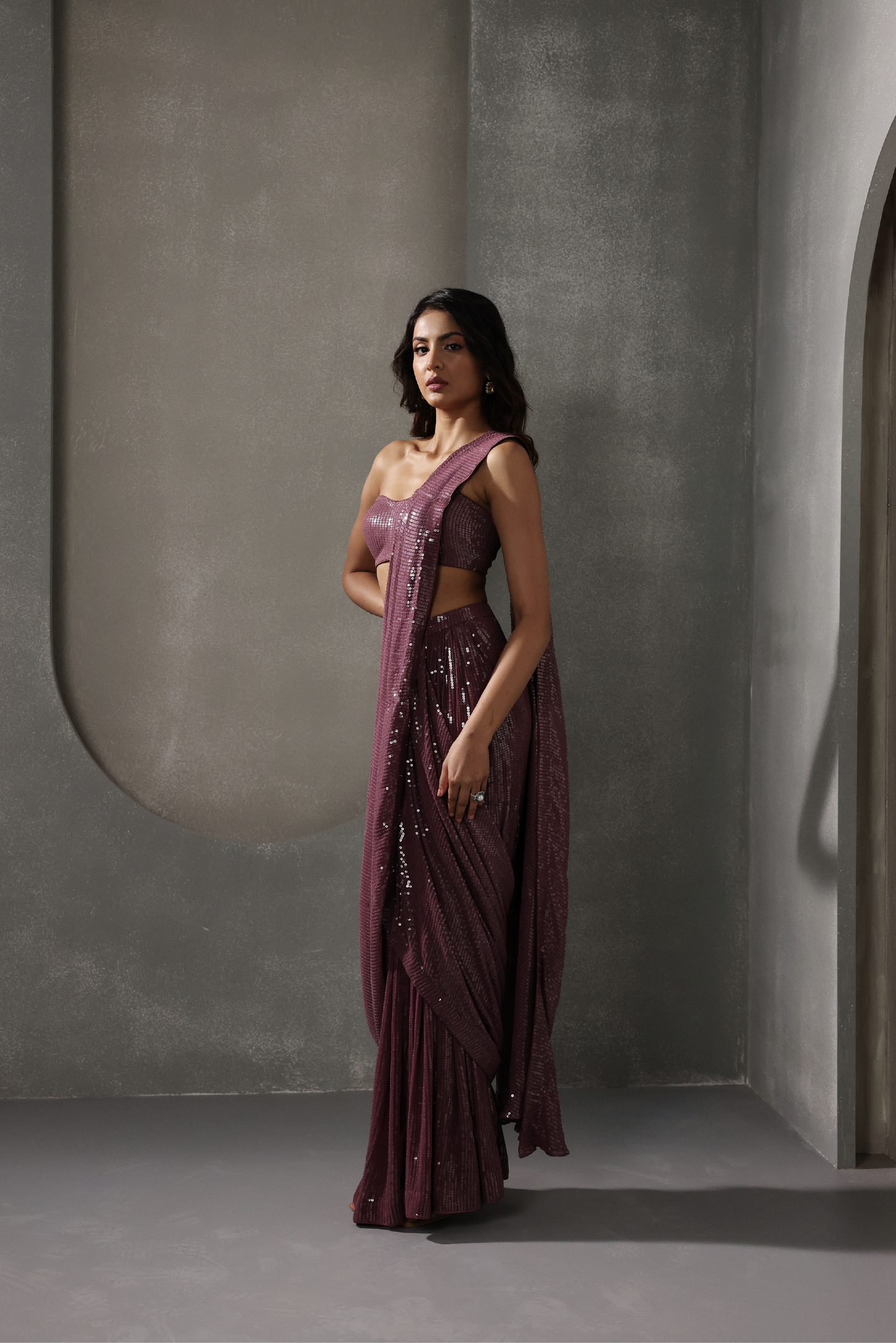 Wine Pre-Draped Sequin Sari Set