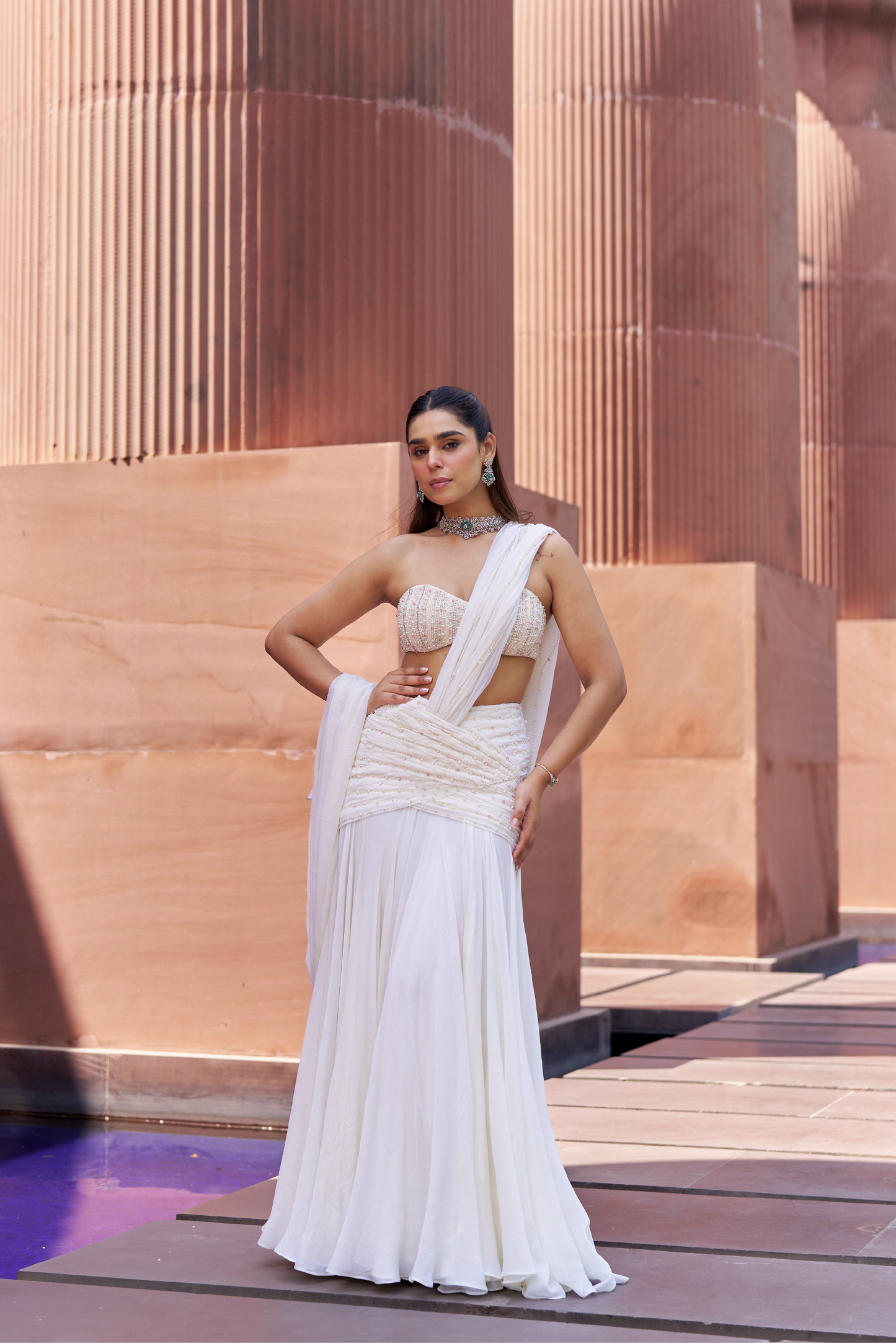 Ivory Chiffon Drape Skirt Set with Pearl Embroidery