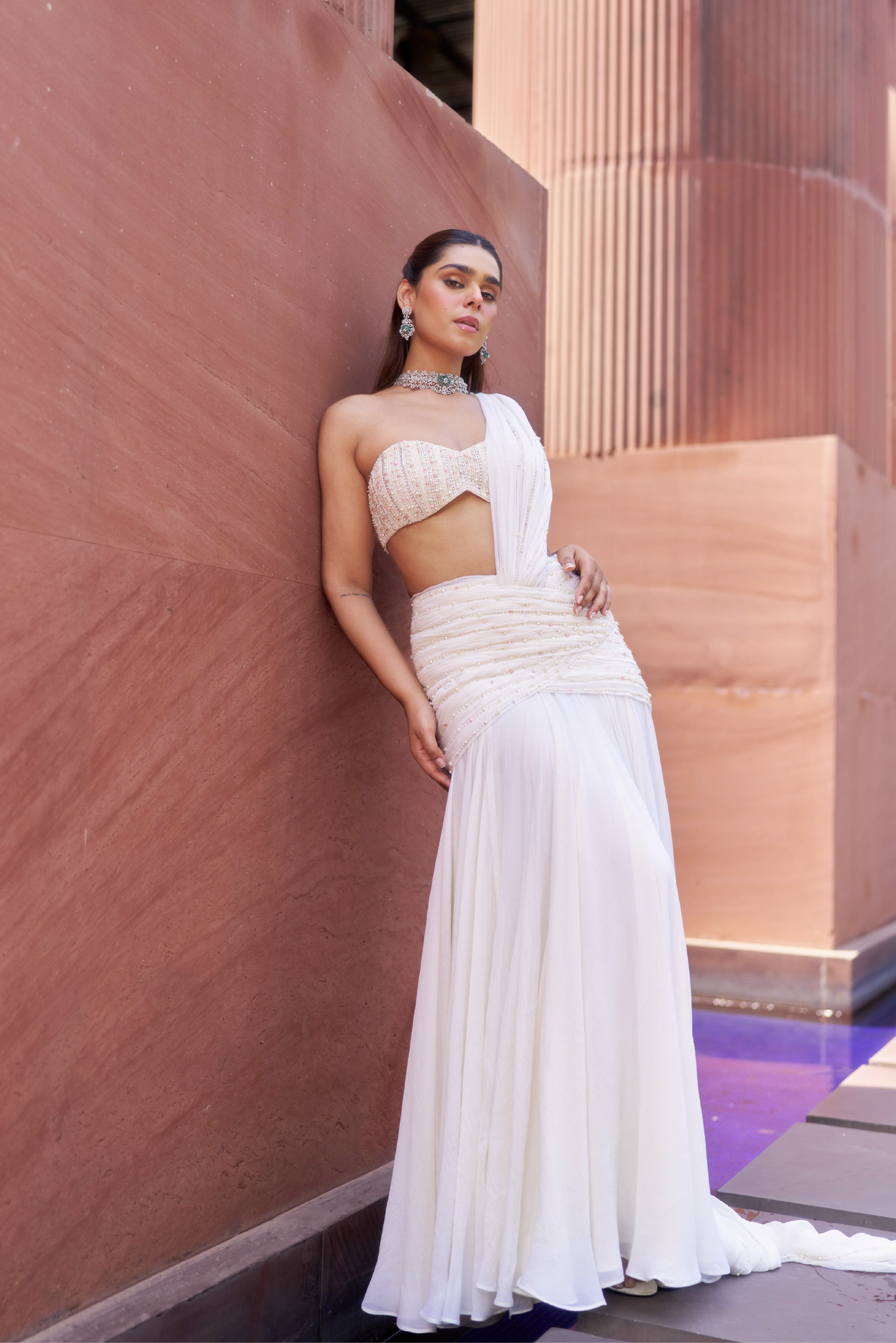 Ivory Chiffon Drape Skirt Set with Pearl Embroidery