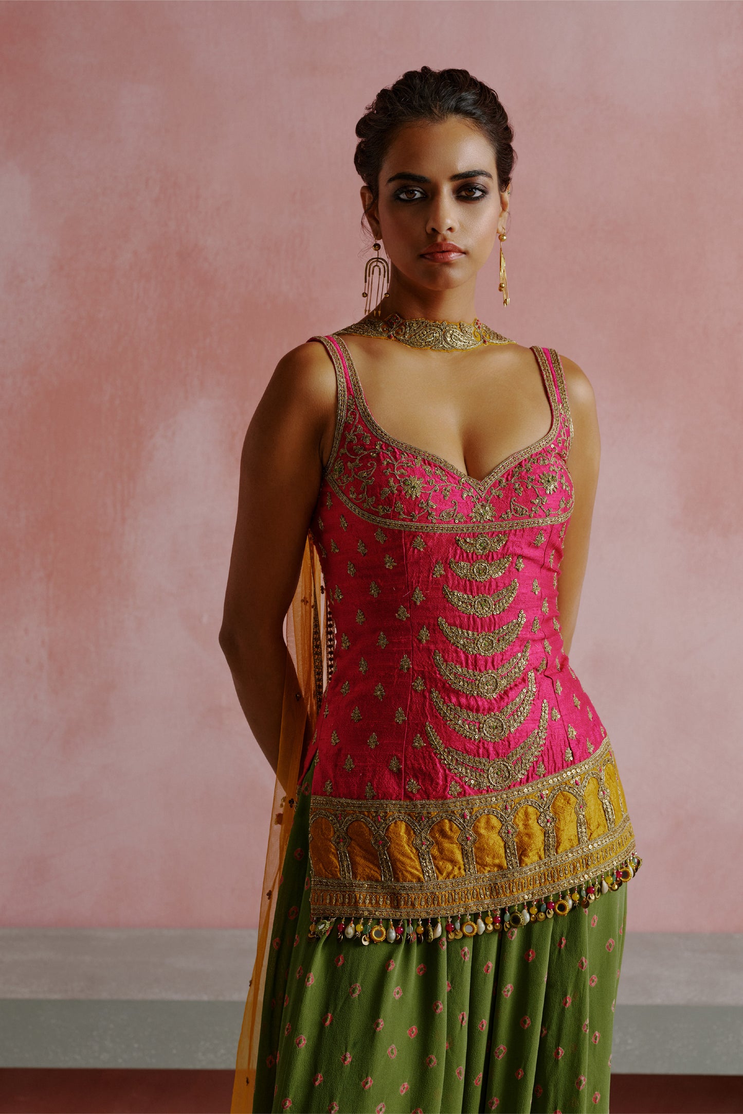 Rani Pink Dori Embroidered Bandhani Kurta Pants Set