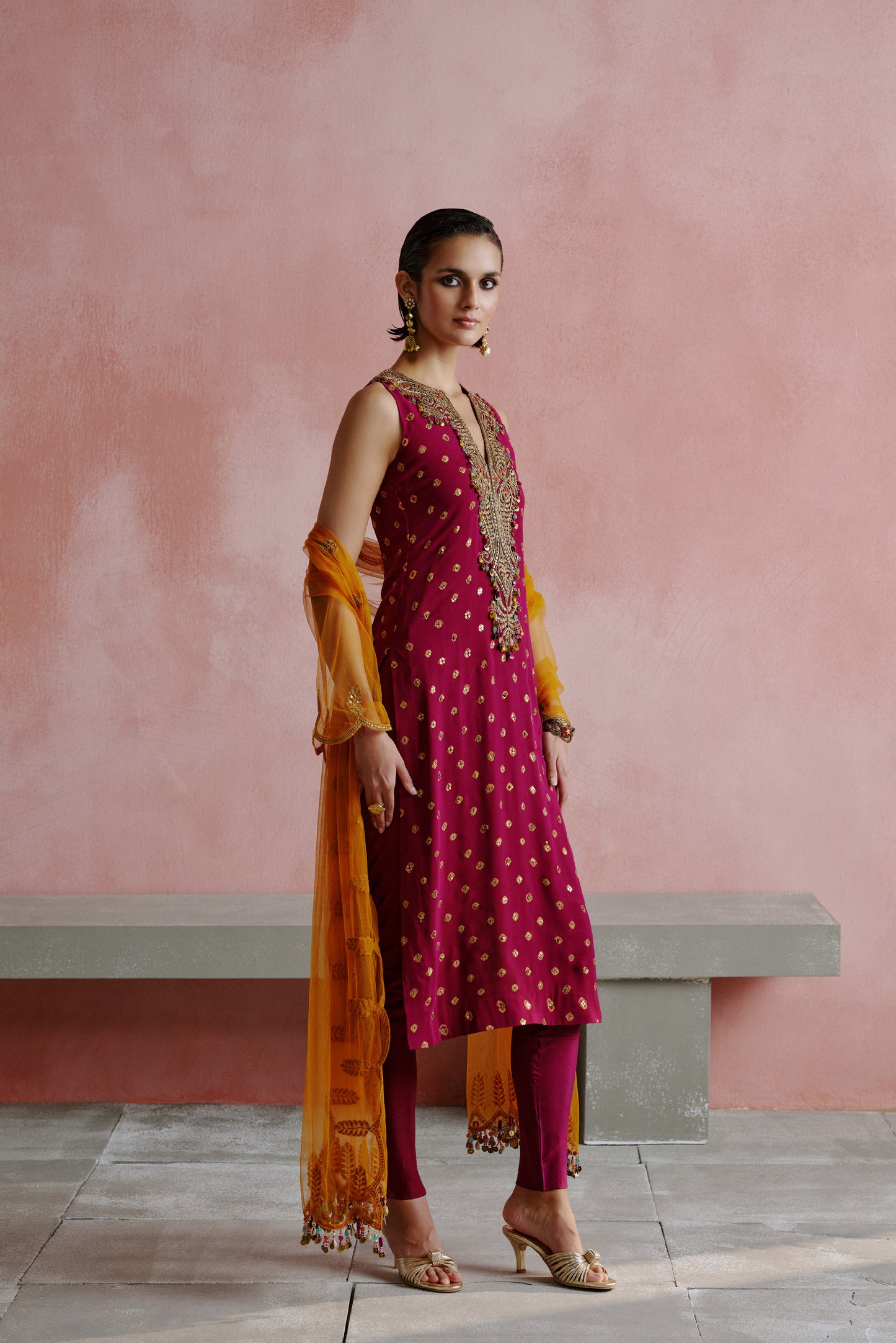 Wine Dori Embroidered Long Bandhani Kurta Set