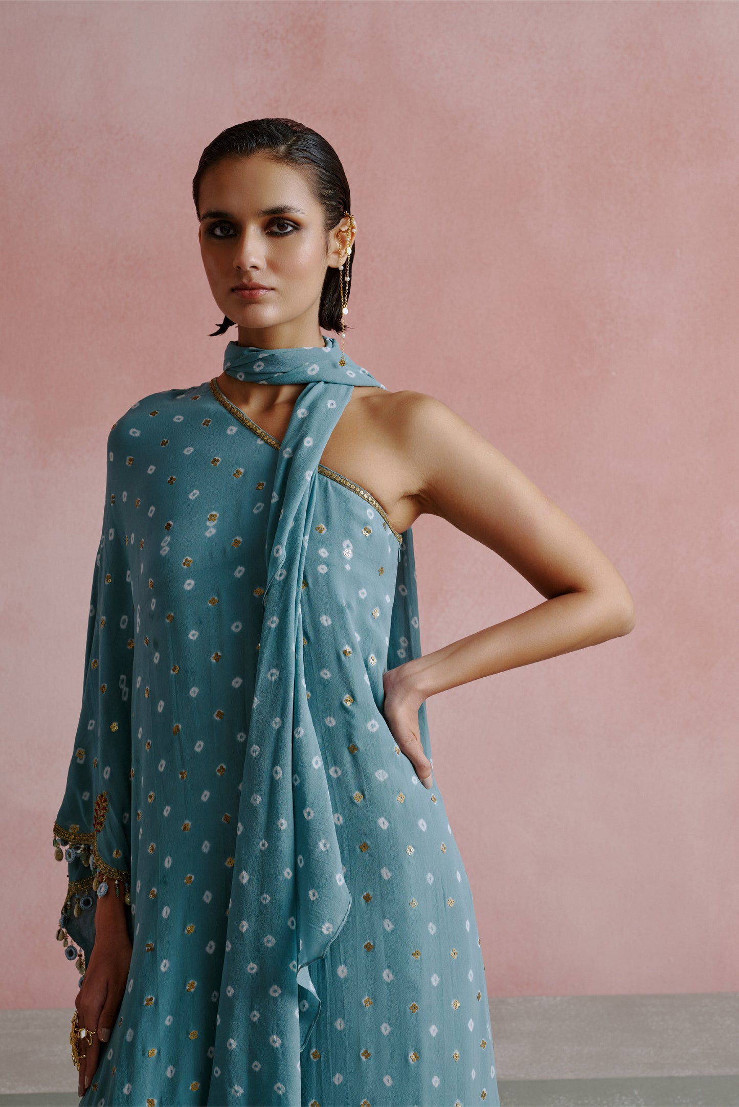 Powder Blue Bandhani Kaftan Sharara Set