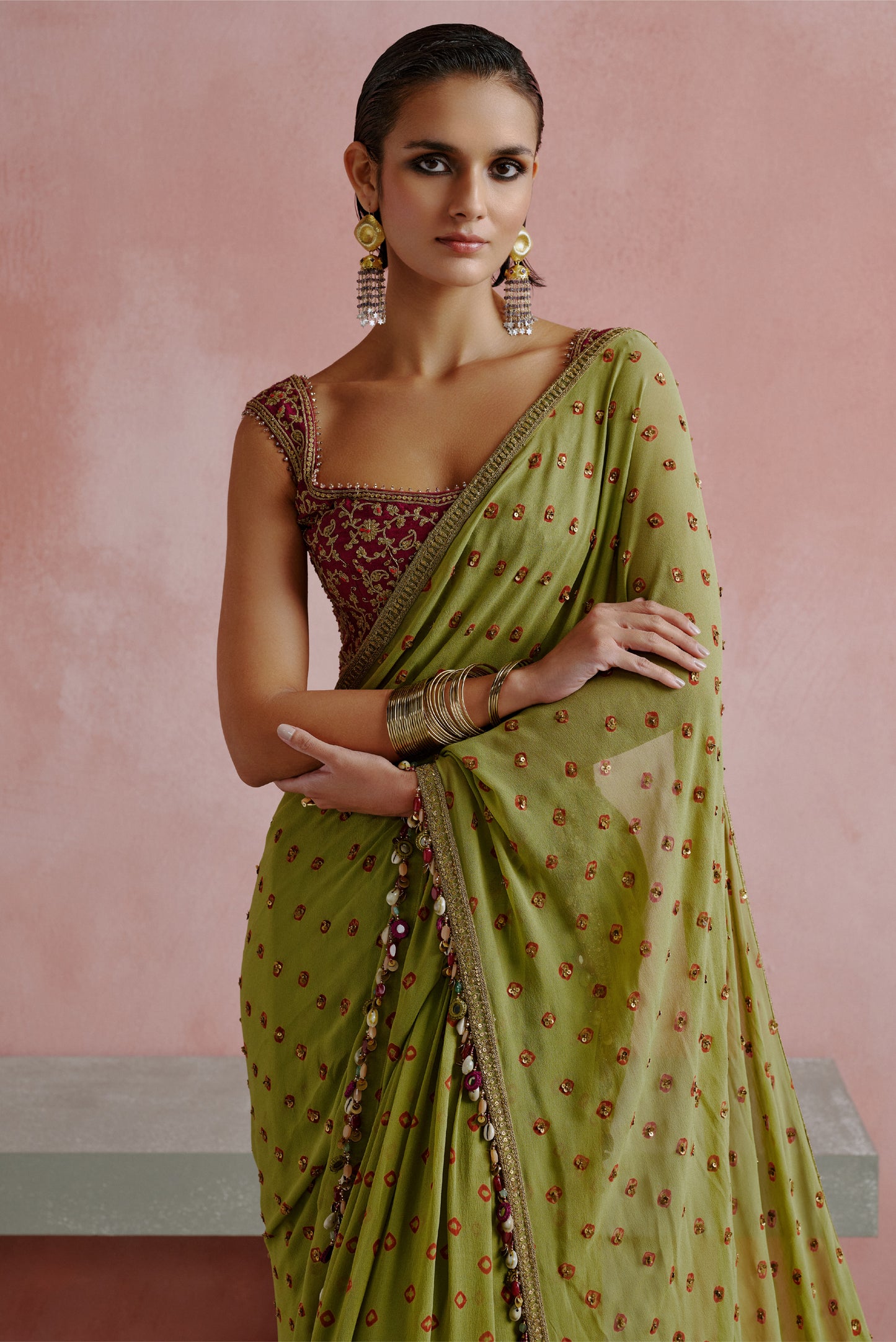 Olive Green Bandhani Corset Saree Set