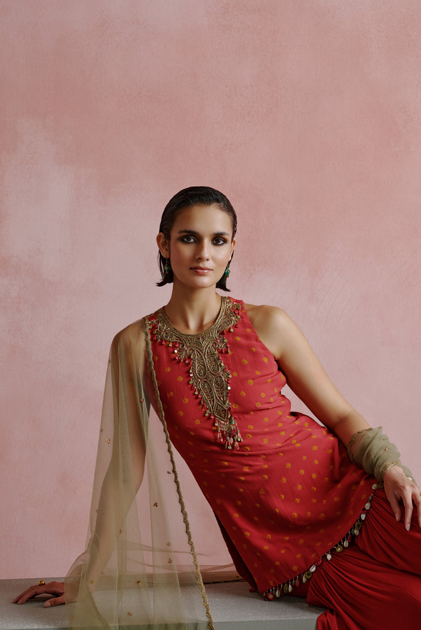 Deep Pink Bandhani Short Kurta Ghagra Set