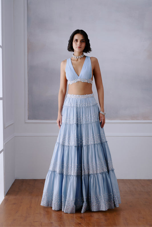 Light Blue Tier Floral Lehenga Set