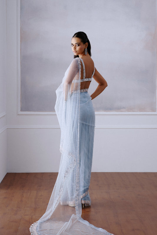 Light Blue Floral Crystal Embellished Sari