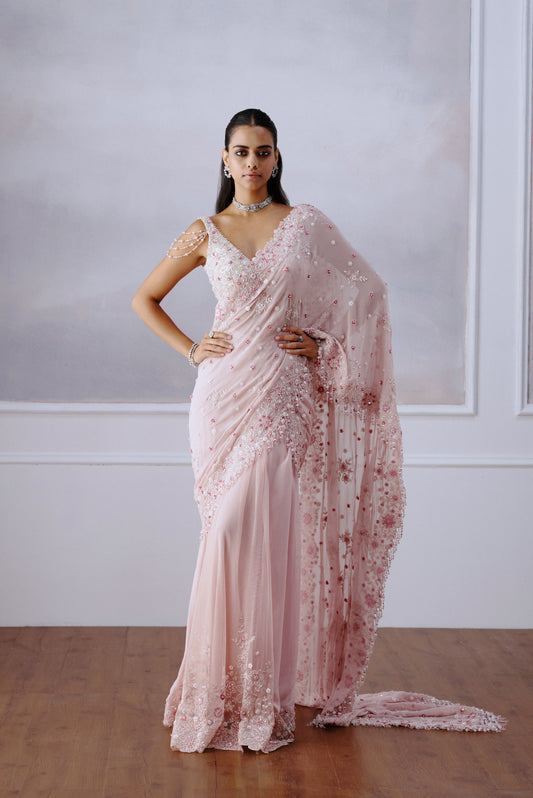 Blush Pink Floral Georgette Sari