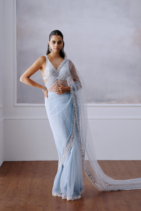 Light Blue Floral Crystal Embellished Sari