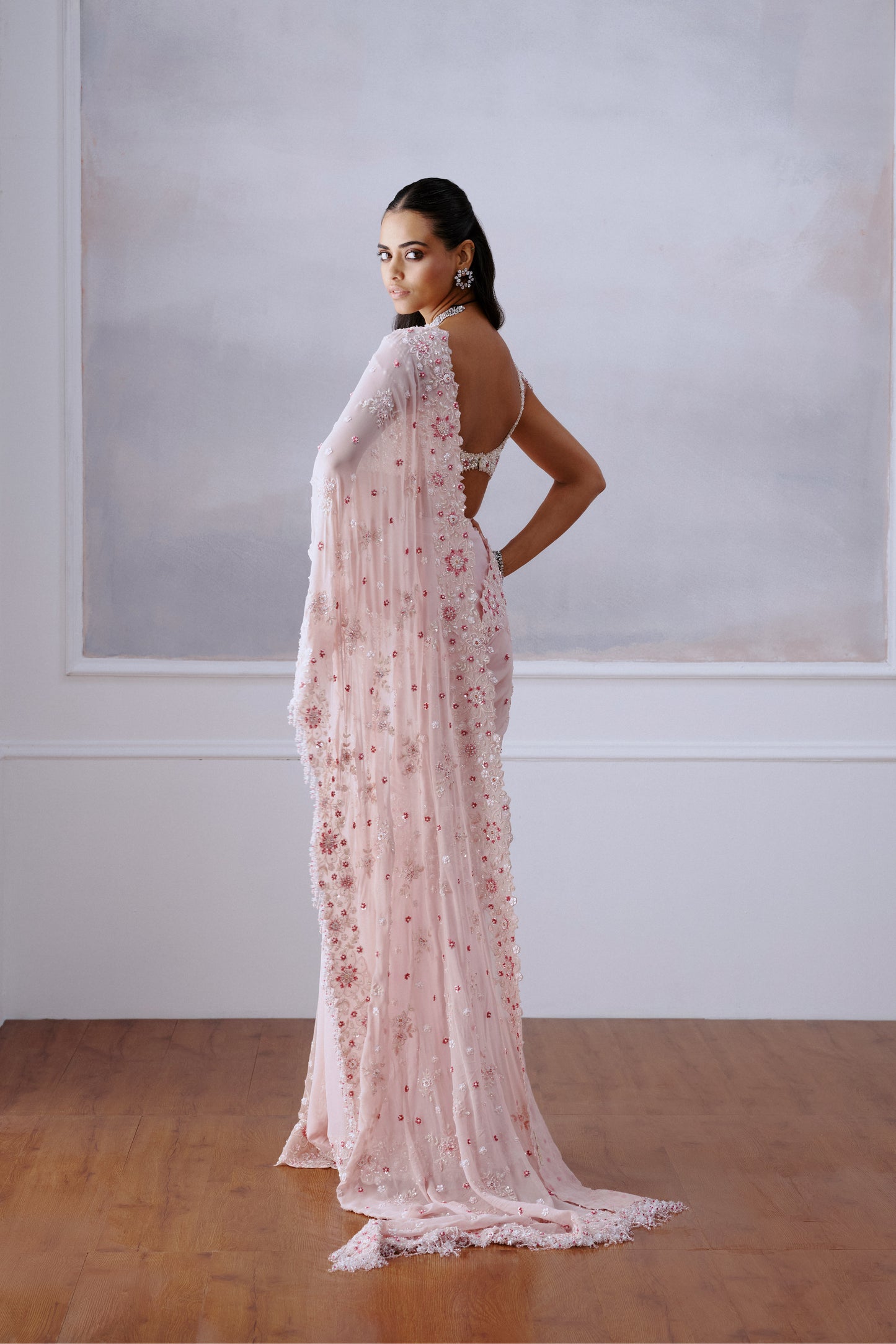 Blush Pink Floral Georgette Sari