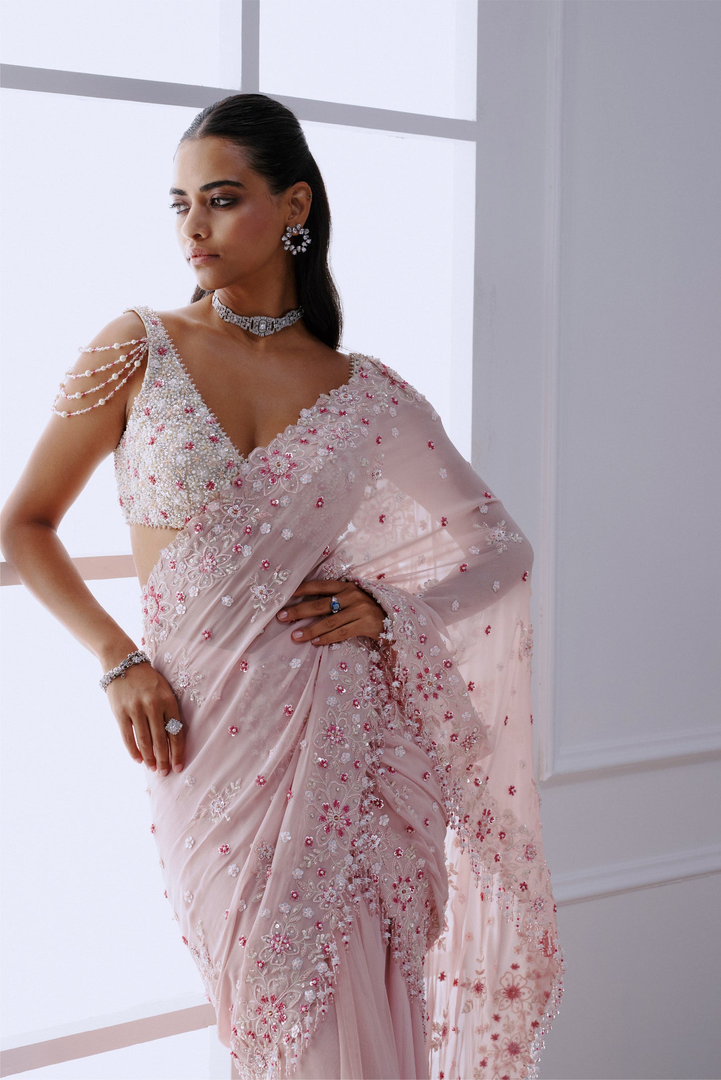 Blush Pink Floral Georgette Sari