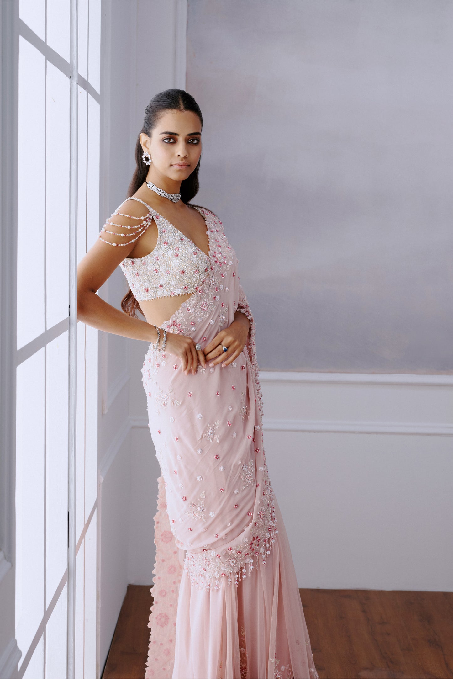 Blush Pink Floral Georgette Sari