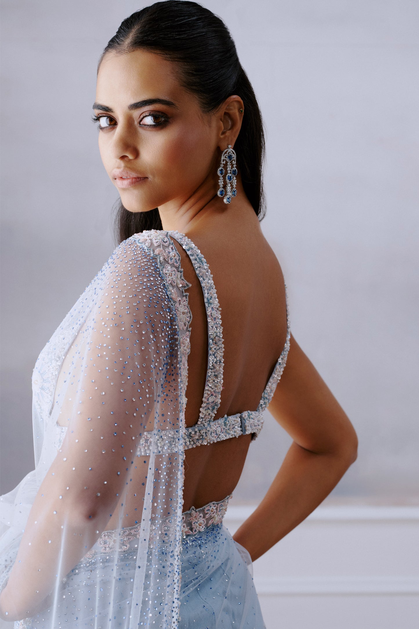 Light Blue Floral Crystal Embellished Sari