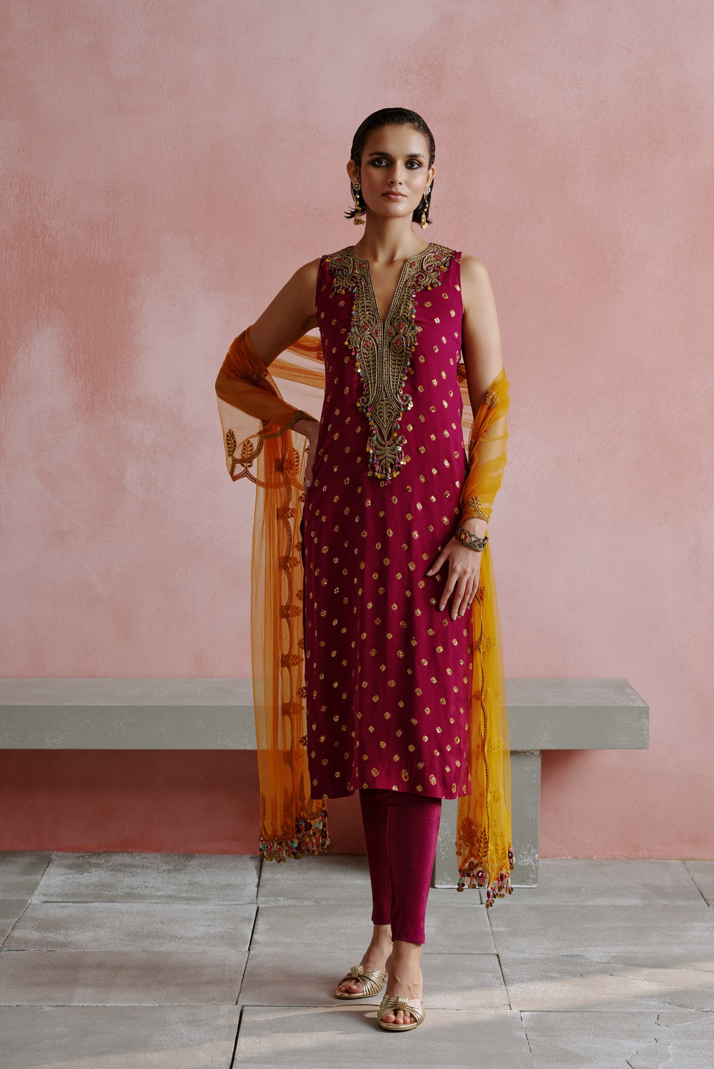 Wine Dori Embroidered Long Bandhani Kurta Set
