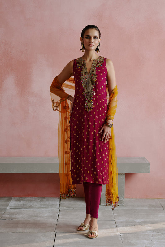 Wine Dori Embroidered Long Bandhani Kurta Set
