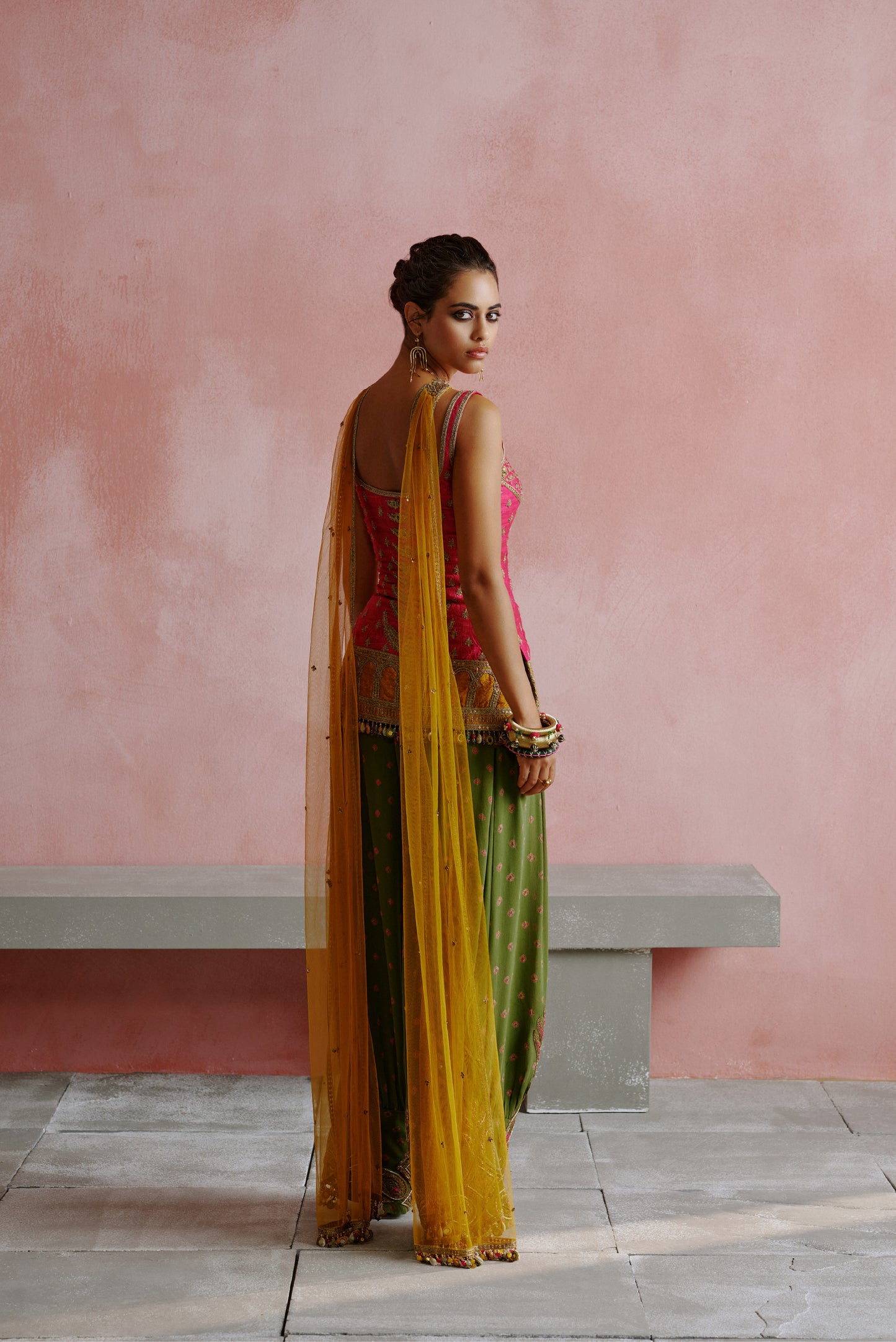 Rani Pink Dori Embroidered Bandhani Kurta Pants Set