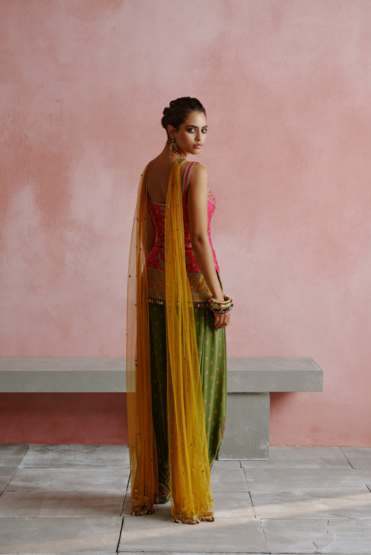 Rani Pink Dori Embroidered Bandhani Kurta Pants Set