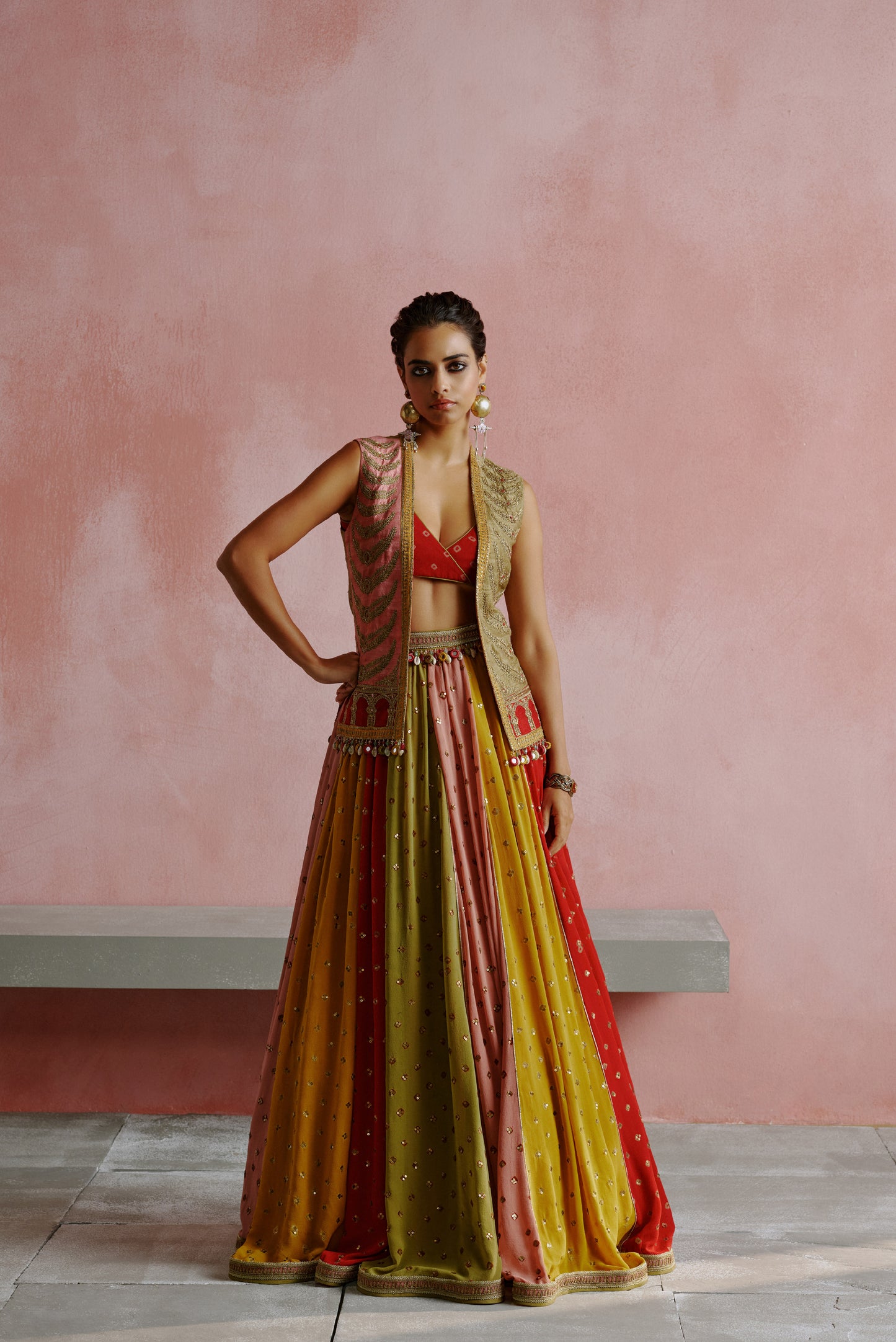 Multicolor Bandhani Lehanga Jacket Dori Embroidered Set